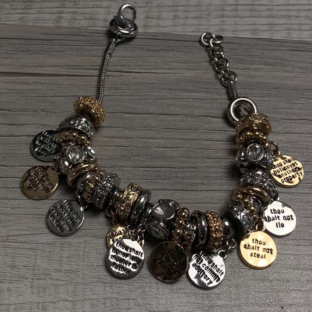 Ten Commandments Charm Bracelet Mixed Metal Religious Faith Jewelry 7-7.5"